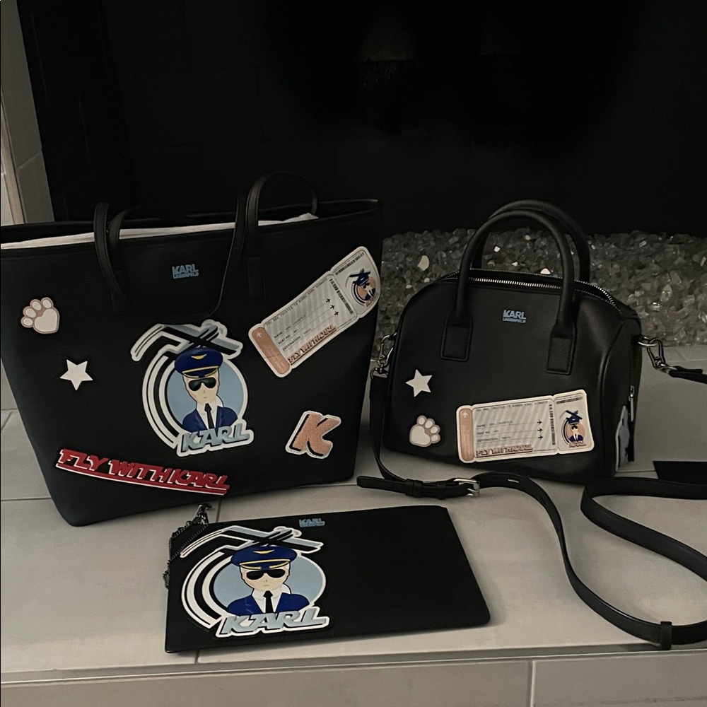Karl Lagerfeld Black Tote and Handbag Set with Patches..